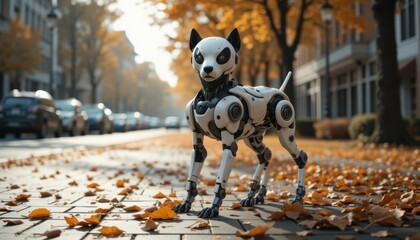 Futuristic Robot Dog on Autumn City Street
