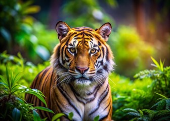 Obraz premium Captivating Tilt-Shift Portrait of a Majestic Tiger Roaming Freely in Its Natural Habitat, Showcasing Vivid Colors and Intricate Details of the Wild Environment