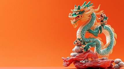 Obraz premium Colorful Dragon Sculpture on Vibrant Orange Background
