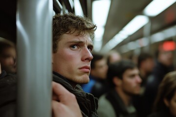 A young man stands in a crowded subway car, gripping a metal pole, his contemplative expression radiates thoughts of uncertainty in a bustling urban environment.