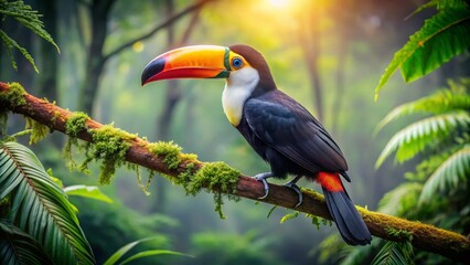 Fototapeta premium Captivating Toco Toucan in Its Natural Habitat, Showcasing Vibrant Colors and Detailed Features Against a Lush Brazilian Rainforest Backdrop with Rule of Thirds Composition