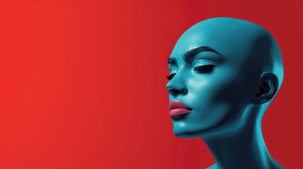 3d illustration. Portrait of a blue bald woman on a red background.