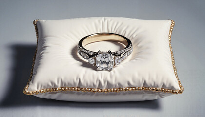 Whimsical scene of a giant engagement ring on a small pillow with tiny figures admiring its absurd size