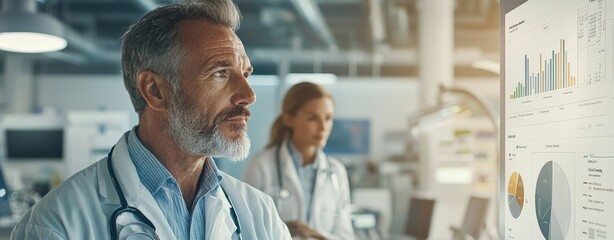 Obraz premium A medical professional analyzes data on a display, showcasing graphs and charts, while a colleague observes, emphasizing teamwork in healthcare research.