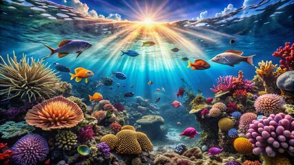 Obraz premium Captivating Underwater Light Effects Illuminating Ocean Depths with Vibrant Marine Life and Ethereal Atmosphere in Panoramic View for Nature and Photography Enthusiasts