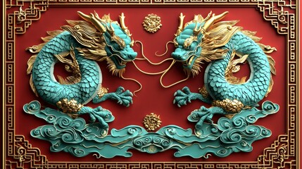 Obraz premium Intricate Blue and Gold Dragon Relief Art with Red Background