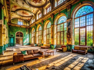 Obraz premium Captivating Urban Exploration of a Wide and Bright Lobby with Elegant Stairs, Showcasing Architectural Beauty and Unique Design Elements in an Abandoned Building