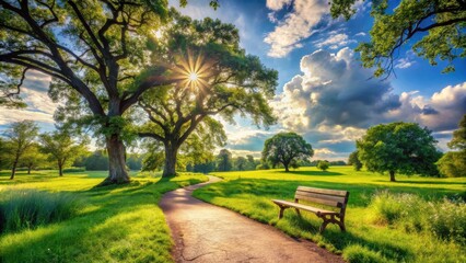 Obraz premium A tranquil path winds through a lush green meadow, bathed in the golden glow of a setting sun, with a solitary wooden bench inviting rest and contemplation.