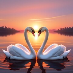 Fototapeta premium Romantic Swans Forming Heart at Sunset Over Serene Lake