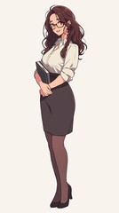Fototapeta premium Anime female teacher with glasses, braided brown hair, holding a book. Wearing a white blouse, pencil skirt, and heels, standing confidently on a white background