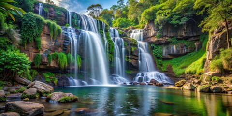 Fototapeta premium Beautiful waterfall cascading down rocky cliffs surrounded by lush vegetation in a serene landscape, waterfall