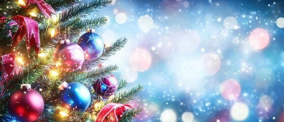Obraz premium Sparkling Christmas Tree Ornaments and Festive Lights Background