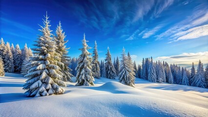 Obraz premium Snow-covered pine trees on rolling hills under a vivid blue winter sky, serene, snowy, winter, landscape, pine trees, hills
