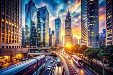 Obraz premium Captivating Urban Landscape with Bokeh Effect Showcasing Modern Buildings and Dynamic City Transport in a Vibrant City Setting