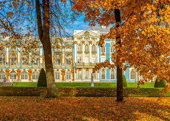 Catherine palace and park in autumn foliage, Pushkin (Tsarskoe Selo), St. Petersburg, Russia