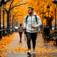 Obraz premium young guy in sportswear, sneakers, jogging, walking in autumn park. Luxurious photo has the aesthetics of a high fashion magazine cover, with high resolution, hyperrealistic photography from head to t