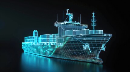 3d model of a container ship, glowing blue wireframe lines over black background, image