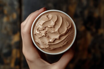 Fototapeta premium Yummy ice-cream close up in woman's hand close up Mocha Mousse colored image