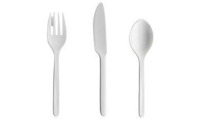 White Plastic Fork, Knife, and Spoon Isolated on PNG Transparent Background