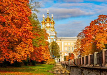 Resurrection church of Catherine palace in autumn, Pushkin (Tsarskoe Selo), Saint Petersburg, Russia