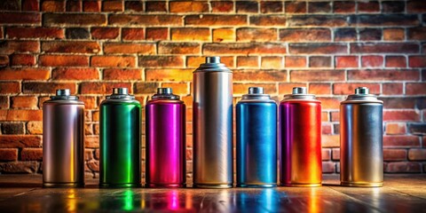 Fototapeta premium A row of colorful spray paint cans arranged in front of a red brick wall background.