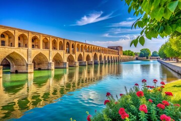 Captivating View of the Historic Bridge Over the River in Isfahan, Iran, Showcasing Its Architectural Beauty and Surrounding Landscape with Ample Copy Space for Text