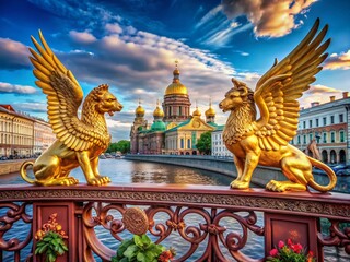 Captivating View of the Temple of Spass on Blood with Griffins on Bank Bridge in Saint Petersburg, Showcasing the City's Unique Architecture and Scenic Beauty