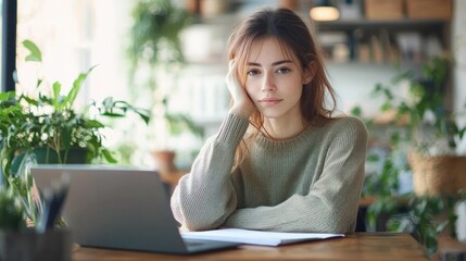 Young Woman Working on Laptop in Cozy Indoor Workspace with Lush Plants and Natural Light