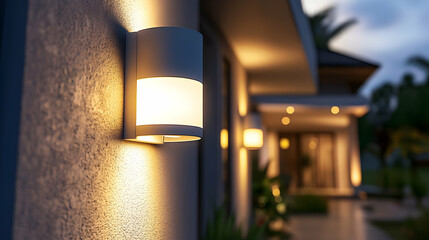 Modern house exterior at night, illuminated by wall lights.