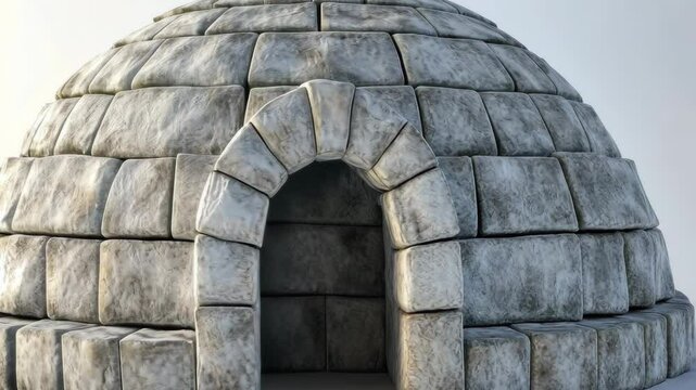 Intricately designed igloo showcasing stone-like blocks in cold environment with small entrance
