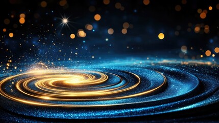 Fototapeta premium Cosmic swirl of golden and blue light particles in a starry night sky. Merry Christmas. Happy New Year.