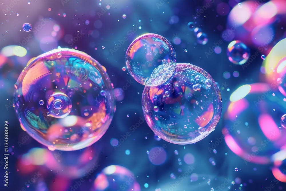 Poster bubbles of various sizes drift through a colorful background filled with soft lights and sparkling r
