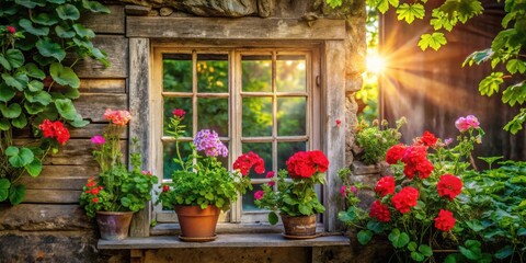 Sunlight streams through a rustic window, illuminating vibrant red and pink flowers in terracotta pots, creating a picturesque scene of nature's beauty.