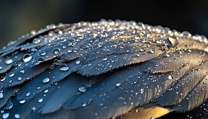 Water droplets glisten on a duck's feathers in stunning detail, showcasing the beauty of nature in a captivating macro animal study.