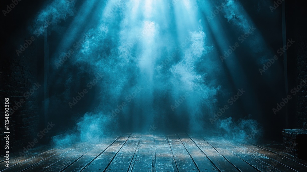 Poster wooden stage with fog and light in dark atmosphere for serene presentation
