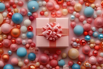 A beautifully wrapped pink gift surrounded by colorful decorative balls.
