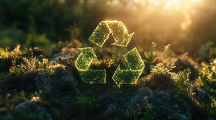 A glowing recycling symbol in a natural setting, emphasizing environmental sustainability.