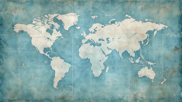 Fototapeta A vintage world map with faded continents on a textured blue background, showing the interconnectedness of our planet.