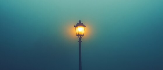 A solitary streetlamp stands aglow in the mist, creating a serene and mysterious ambiance with its warm, gentle light.