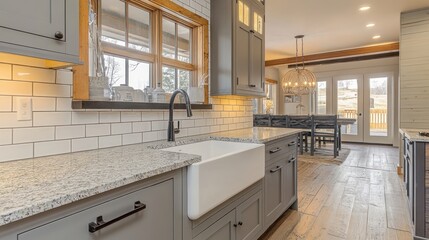 Fototapeta premium Farmhouse kitchen with gray cabinets, white subway tile backsplash, granite countertop, and farmhouse sink.