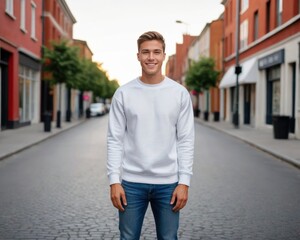 Fototapeta premium Young man wearing white sweatshirt and jeans standing on the street