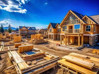 Stunning New Home Construction: Wooden Frame Houses Under Clear Sky - Residential Development Images