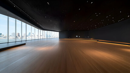 Modern spacious interior with panoramic city view.