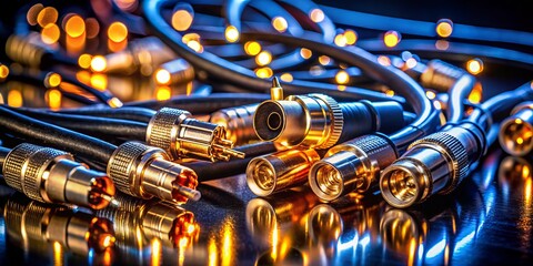 Stunning Night Photography of Electrical Connectors for Audio and Video Components Highlighting Their Intricate Designs and Illuminated Connections in a Dark Setting