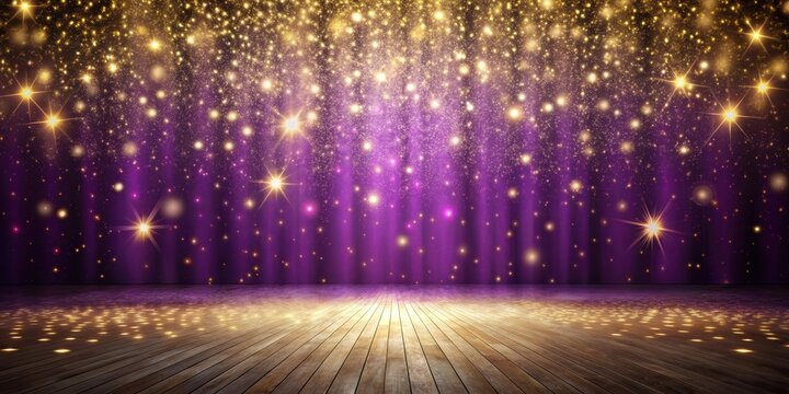 Purple elegant stage backdrop with glitter gold light shining on floor, creating festive and celebration vibes , purple, elegant