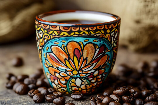 A ceramic coffee cup with intricate hand-painted designs, surrounded by fresh coffee beans.
