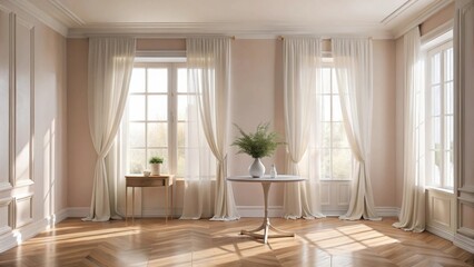 Fototapeta premium A sunlit interior with white curtains and a round table adorned with greenery, creating a serene and inviting atmosphere.