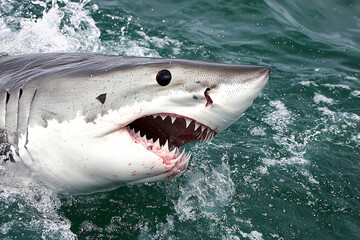 Naklejka premium Shark breaching the surface in clear ocean water