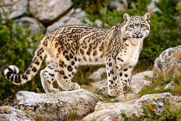 Fototapeta premium Snow leopard navigating rocky terrain in the wild