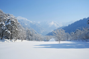 Fototapeta premium Snow slide descends from serene mountain landscape